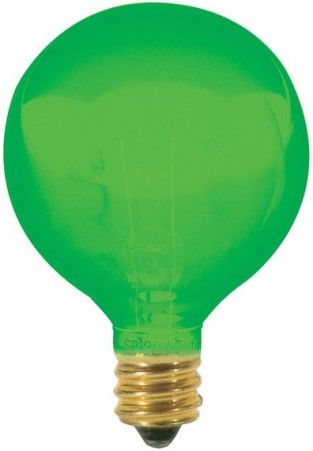 Satco S3835 Model 10G12 1/2/G Incandescent Light Bulb, Transparent Green Finish, 10 Watts, G12 Lamp Shape, Candelabra Base, E12 ANSI Base, 120 Voltage, 2 3/8'' MOL, 1.56'' MOD, C-7A Filament, 1500 Average Rated Hours, Long Life, Brass Base, RoHS Compliant, UPC 045923038358 (SATCOS3835 SATCO-S3835 S-3835)