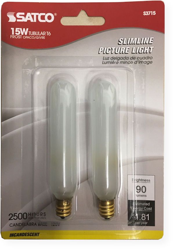 Satco S3715 Model 15T6/F Tubular Shaped Incandescent Light Bulb, Frost Finish, 15 Watts, T6 Lamp Shape, Candelabra Base, E12 ANSI Base, 120 Voltage, 4'' MOL, 0.75'' MOD, C-5A Filament, 90 Initial Lumens, 2500 Average Rated Hours, Long Life, Brass Base, RoHS Compliant, UPC 045923037153 (SATCOS3715 SATCO-S3715 S-3715)