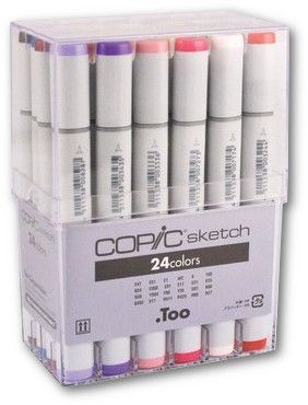 Copic SB24 Sketch, 24-Color Basic Marker Set; The most popular marker in the Copic line; Perfect for scrapbooking, professional illustration, fashion design, manga, and craft projects; Photocopy safe and guaranteed color consistency; The Super Brush nib acts like a paintbrush both in feel and color application; For more control, use the Medium Broad nib on the opposite end, or customize the marker with an optional nib; UPC 4511338051184 (COPICSB24 COPIC SB24 SB 24 COPIC-SB24 SB-24)