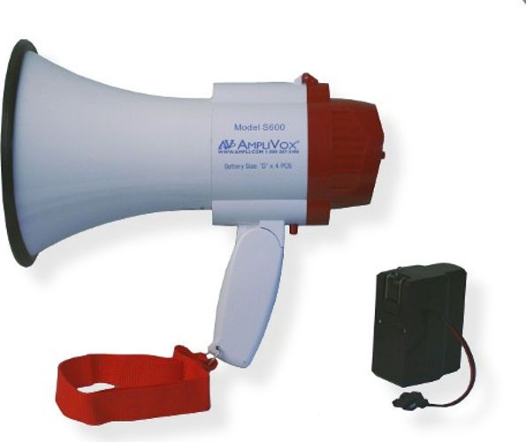 Amplivox SB600R Mini-Megaphone 10-Watt with Rechargeable Lithium-ion Battery Pack; 10 Watts; 100 yards effective range; Ultra lightweight at 2 lbs; Requires 4 D-Cell batteries (not included); Siren function; Adjustable volume control; Attached carrying strap; Folds for easily portability; Up to 20 hours continuous talk time; UPC 734680060077 (SB600R SB-600R SB600-R AMPLIVOXSB600R AMPLIVOX-SB600-R AMPLIVOX-SB-600R)