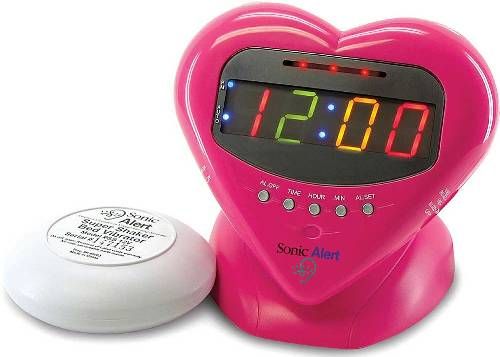 Sonic Alert SBH400SS Sweetheart with Super Shaker Alam Clock; 113 db extra-loud alarm with adjustable tone & volume control; SS12VW Super Shaker bed vibrating unit; Built-in red flashing alert lights; Rainbow colored display lights; User selectable snooze time 1-30 minutes your choice; User selectable alarm duration from 1-59 minutes; UPC 650518100077 (SBH-400SS SBH 400SS SB-H400SS SBH400 SS)