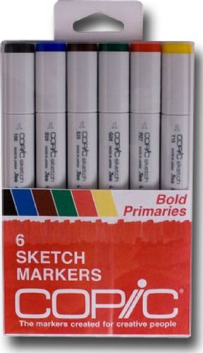 Copic SBOLDPRI Sketch, 6-Color Bold Primary Marker Set; The most popular marker in the Copic line; Perfect for scrapbooking, professional illustration, fashion design, manga, and craft projects; Photocopy safe and guaranteed color consistency; The Super Brush nib acts like a paintbrush both in feel and color application; UPC COPICSBOLDPRI (COPICSBOLDPRI COPIC SBOLDPRI COPIC-SBOLDPRI)