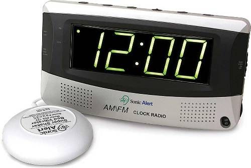Sonic Alert SBR350SS Alarm Clock and FM Radio with Super Shaker Information, 113 db extra-loud alarm, SS12VW Super Shaker bed vibrating unit, Complete with AM/FM radio, 2-level dimmer, High/low dimmer switch to sleep better at night, Extra-large 1.8