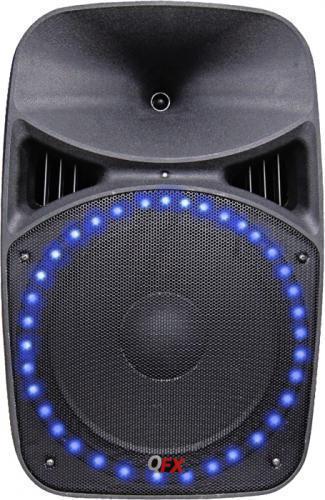 QFX SBX1505BTL SPEAKER WITH BUILT-IN AMPLIFIER LED LIGHTS; 2-WAY STEEL FRAMED PLASTIC CABINET SPEAKER; BLUETOOTH MUSIC STREAMING; USB/SD Player with Remote Control; FM Radio; Metal Grill Covered Speakers; 15