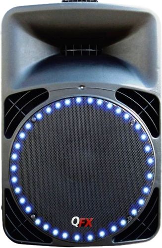 QFX SBX-1513BTL Two-way Steel Framed Plastic Cabinet Speaker with Built-in Amplifier, 380 Watt RMS Maximum Power, 2600 Watt p.m.p.o Music Power, Sensitivity 98+/-2 dB/M/W, Frequency 50-20KHz (-dB), Bluetooth Music Streaming, LED Light, Unidirectional Dynamic Microphone Included, 3.5mm Male to 2 RCA Cable Included, UPC 606540016367 (SBX1513BTL SBX 1513BTL SBX-1513-BTL)