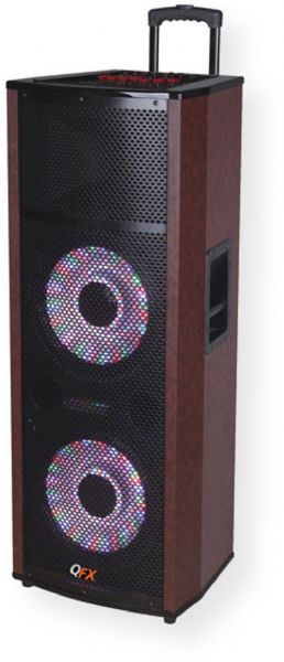 QFX SBX-6612200BT Professional PA Speaker with Built-In Amplifier and Bluetooth Music Streaming, Wood, USB/SD/FM Player with Remote Control, 7 Band Graphic Equalizer, Display, LED-lit Speakers, Microphone Input with Echo, AUX-In, Handle and Wheels, 2x12