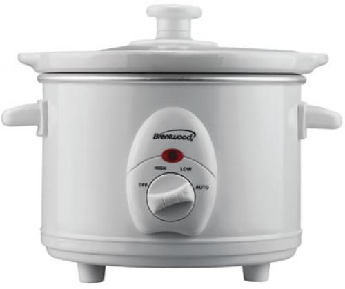 Brentwood Appliances SC-115W 1.5 Quart Slow Cooker in White; 1.5 Quart Capacity; Metal Body with White Finish; 3 Heat Setting; High, Low, Auto; Removable Ceramic Pot; Tempered Glass Lid; Cool Touch Handles; LED Power Indicator; Power: 120 Watts; Approval Code: cUL; Item Weight: 5.0 lbs; Item Dimension (LxWxH): 9 x 8 x 7.75; Colored Box Dimension: 9 x 9 x 8; Case Pack: 4; Case Pack Weight: 22.5 lbs; Case Pack Dimension: 18 x 10 x 17 (SC115W SC-115W SC-115W)