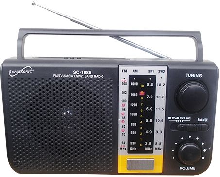 Supersonic SC-1085 Five Band AM/FM/SW/TV Radio, Black, Built-in SD Card Slot Compatible, Built-in USB Input Compatible, High Power Speakers For Optimal Sound, AC Power 120V~60Hz (cable included), DC 4.5V 3 x UM-1 Batteries (not included), UPC 639131010857 (SC1085 SC 1085)
