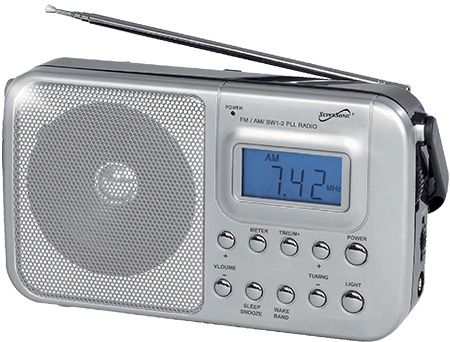 Supersonic SC-1091 Portable 4-Band AM/FM/SW1-2 PLL Digital Radio, Digital LCD Display, Clock Display, Alarm Function, Volume Control, Built-in Speaker, Telescopic Antenna, Foldable Handle, Headphone Jack, AC/DC Power (AC cord included), Powered by 2 x D Batteries (not included), Dimensions 8.20