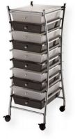 Alvin SC10CSM-X Storage Cart X-Frame 10-Drawer Standard, Clear and Smoke Color; Plastic Material; Unique patented interlocking rail and drawer system that prevents shifting off the rails; Molded stops on drawers prevent drawer from pushing through the back of cart; Each drawer can hold up to 3 lbs; UPC 88354937340 (SC10CSMX SC10-CSMX SC-10CSM-X ALVINSC10CSMX ALVIN-SC10-CSM-X ALVIN-SC-10-CSMX) 
