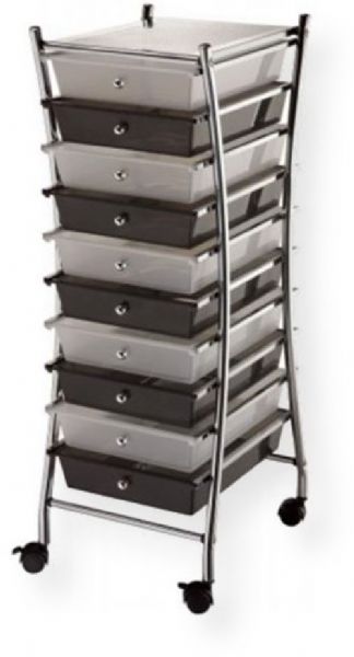 Alvin SC10CSM-X Storage Cart X-Frame 10-Drawer Standard, Clear and Smoke Color; Plastic Material; Unique patented interlocking rail and drawer system that prevents shifting off the rails; Molded stops on drawers prevent drawer from pushing through the back of cart; Each drawer can hold up to 3 lbs; UPC 88354937340 (SC10CSMX SC10-CSMX SC-10CSM-X ALVINSC10CSMX ALVIN-SC10-CSM-X ALVIN-SC-10-CSMX)