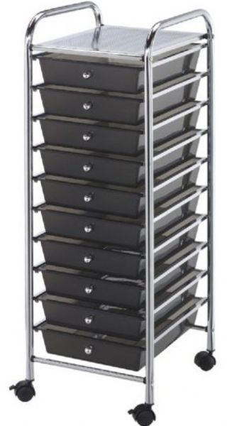 Alvin SC10SM Storage Cart with 10 Smoke Colored Drawers, Molded stops on drawers prevent drawer from pushing through the back of cart, Each drawer can hold up to 3 lbs. Carts have four casters - two locking, Double-wide carts - 12-drawer and 20-drawer units have middle leg supports and casters for added stability, with six casters - three locking, UPC 088354807629 (SC-10SM SC 10SM)