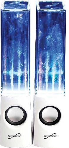 Supersonic SC-1122WH Dual Water Dancing Speakers, White; 2 rich stereo sound speakers; 4 multi-colored LED lights; Connect to your iPad, iPhone, iPod, smartphone, android tablet, laptop, computer, MP3 player, and more; 3.5mm auxiliary input; Lights and water will dance to the beat of your favorite music; Built-in amplifier; UPC 639131611221 (SC1122WH SC 1122WH SC-1122-WH SC-1122)