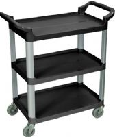 Luxor SC12-B Serving Cart with 3 Shelves, Black; Perfect blend of storage capacity and maneuverability; Overall cart dimensions are 33 1/2" W x 16 3/4" D X 36 3/4" H; Each shelf is 26" W x 16 1/4" D including a 1" lip on both sides and the back to help control contents; Shelves are spaced 12" apart for easy loading and unloading; UPC 847210028055 (SC12B SC12 SC-12-B SC 12-B) 