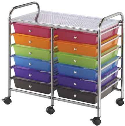 Alvin SC12MCDW Storage Cart with 12 Multicolor Drawers, Molded stops on drawers prevent drawer from pushing through the back of cart, Each drawer can hold up to 3 lbs. Carts have four casters two locking, Double-wide carts - 12-drawer and 20-drawer units have middle leg supports and casters for added stability, with six casters three locking (SC12-MCDW SC12 MCDW)