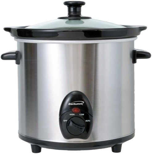 Brentwood SC130S Slow Cooker, Removable ceramic pot, Stainless Steel Finish, Round Shape, 3 Heat setting High, low and auto, 3 Quart Capacity, Manual Operation, Tempered glass lid, LED power indicator, 11