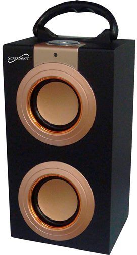 SuperSonic SC-1320GLD Portable Media Speaker, Gold, Built-in USB Input, Built-in SD & MMC Card Slot, 3.5mm Auxiliary Input for Most External Audio Devices, FM Radio, Speaker Unit 75mm x 3Wx2, Frequency Response 150Hz-20KHz, Power Voltage DC5V, Lithium Rechargeable Battery, Remote Control Included, Dimensions L 5.5 x W 4.75 x H 10.25, Weight 2.30 lbs, UPC 639131113206 (SC1320GLD SC 1320GLD SC-1320-GLD SC-1320 SC1320-GLD)