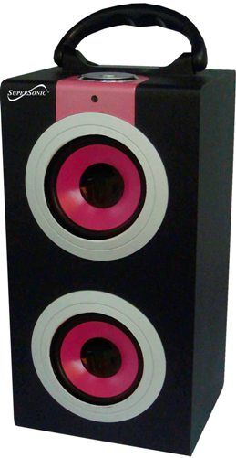 SuperSonic SC-1320PNK Portable Media Speaker, Pink, Built-in USB Input, Built-in SD & MMC Card Slot, 3.5mm Auxiliary Input for Most External Audio Devices, FM Radio, Speaker Unit 75mm x 3W*2, Frequency Response 150Hz-20KHz, Power Voltage DC5V, Lithium Rechargeable Battery, Remote Control Included, Dimensions L 5.5 x W 4.75 x H 10.25, Weight 2.30 lbs, UPC 639131913202 (SC1320PNK SC 1320PNK SC-1320-PNK SC-1320 SC1320-PNK)