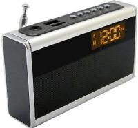Supersonic SC1350-SIL Portable Rechargeable Speaker with Alarm Clock & FM Radio, Silver; Super-Bass Sound; Ultra Compact Design; Built-In FM Radio; Alarm Function; Clock & Calendar Function; Micro SD Card Slot; USB Input (Cable Included); Easy to Read LED Display; Auxiliary Input Allows You to Connect to MP3, MP4, PC, Laptop and More (SC1350SIL SC1350 SIL SC-1350-SIL SC 1350-SIL)  