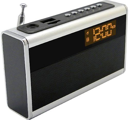 Supersonic SC1350-SIL Portable Rechargeable Speaker with Alarm Clock & FM Radio, Silver; Super-Bass Sound; Ultra Compact Design; Built-In FM Radio; Alarm Function; Clock & Calendar Function; Micro SD Card Slot; USB Input (Cable Included); Easy to Read LED Display; Auxiliary Input Allows You to Connect to MP3, MP4, PC, Laptop and More (SC1350SIL SC1350 SIL SC-1350-SIL SC 1350-SIL) 