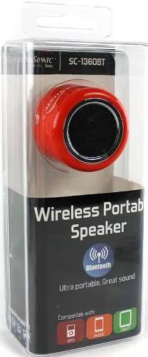 Supersonic SC-1360BT-RED Wireless Portable Speaker with Bluetooth, Red, Allows you to play music from your media devices wirelessly, Built-in rechargeable battery, Built-in amplifier, Provides stronger clear quality sound, Operating Distance 10 meters, 3.5mm Auxiliary Jack, Power Output 2.2W, SNR -95 +/- 2dB, Speaker D40mm (20Hz - 20KHz), UPC 639131813601 (SC1360BTRED SC1360BT-RED SC-1360BTRED SC-1360BT SC 1360BT)