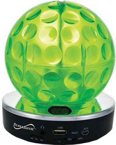 Supersonic SC1379-GRN Disco Ball High Quality Performance Portable Speaker, Green; Dazzling and Colorful Light Patterns Are Projected Onto Ceilings and Walls, Giving You an Instant Party Atmosphere; Enjoy Listening to Your Music Anywhere You Go; Compatible with iPhone, iPod, iPad & Many Other Smartphones & MP3 Players; UPC 639131413795 (SC1379GRN SC-1379-GRN SC-1379GRN SC1379)