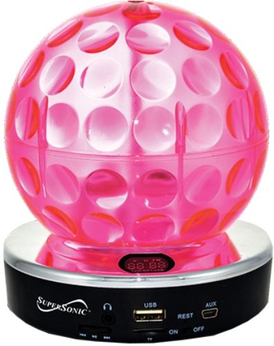 Supersonic SC1379-PNK Disco Ball High Quality Performance Portable Speaker, Pink; Dazzling and Colorful Light Patterns Are Projected Onto Ceilings and Walls, Giving You an Instant Party Atmosphere; Enjoy Listening to Your Music Anywhere You Go; Compatible with iPhone, iPod, iPad & Many Other Smartphones & MP3 Players; UPC 639131913790 (SC1379PUR SC-1379-PNK SC-1379PNK SC1379)
