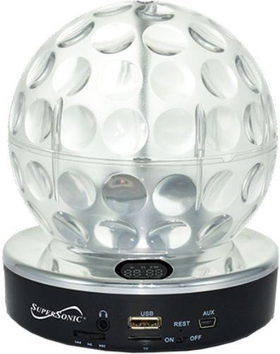 Supersonic SC1379-WHT Disco Ball High Quality Performance Portable Speaker, White; Dazzling and Colorful Light Patterns Are Projected Onto Ceilings and Walls, Giving You an Instant Party Atmosphere; Enjoy Listening to Your Music Anywhere You Go; Compatible with iPhone, iPod, iPad & Many Other Smartphones & MP3 Players; UPC 639131613799 (SC1379WHT SC-1379-WHT SC-1379WHT SC1379)