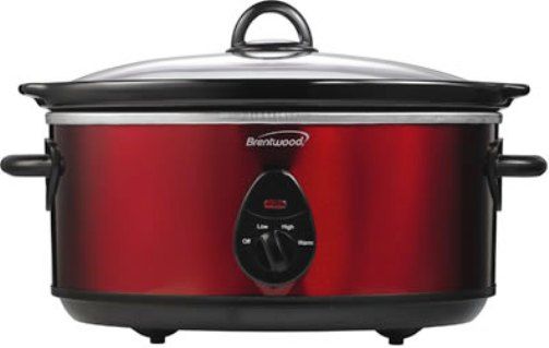 Brentwood SC-150R Slow Cooker, 6.5 Quart Capacity, Metal Body with Red Finish, 3 Heat Setting (High, Low, Auto), Removable Ceramic Pot, Tempered Glass Lid, Cool Touch Handles, LED Power Indicator, 120 Watts Power, cUL Approval Code, Dimension (LxWxH) 16.5 x 11.75 x 9.5, Weight 13 lbs., UPC 181225100260 (SC150R SC 150R SC-150) 