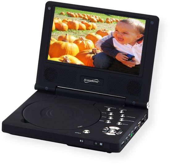 SuperSonic SC-178DVD Portable DVD Player with USB, SD Card Slot & Swivel Display, 7 Widescreen LCD 180 Swivel Display, USB Input Compatible, SD/MMC/MS Card Reader Compatible, DVD/VCD/CD/SVCD Disc Format, CD-R/CD-RW/JPEG Compatible, Resolution 480 x 234, Screen Mode 16:9 and 4:3, Built-in Lithium Rechargeable Battery, UPC 639131001787 (SC178DVD SC 178DVD SC178-DVD SC-178 DVD)