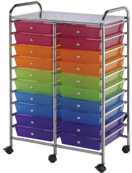 Alvin SC20MCDW Storage Cart with 20 Multicolor Drawers, Molded stops on drawers prevent drawer from pushing through the back of cart, Each drawer can hold up to 3 lbs, Carts have four casters - two locking, Double-wide carts - 12-drawer and 20-drawer units have middle leg supports and casters for added stability, with six casters - three locking, UPC 088354807605 (SC20-MCDW SC20 MCDW)
