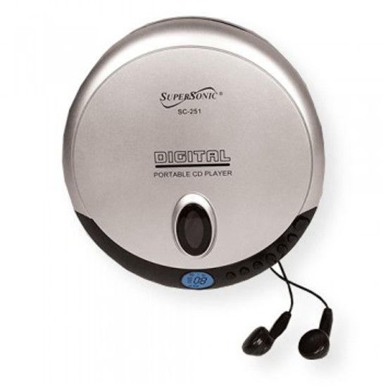 Supersonic SC251 Personal CD Player; Silver; CD-R/CD-RW Compatible; Random and Repeat Playback; Program Function; High Quality Stereo Earphones Included; Uses 2 x AA Size Batteries (not included); UPC 639131002517 (SC251 SC-251 SC251CDPLAYER SC251-CDPLAYER SC251SUPERSONIC SC251-SUPERSONIC)