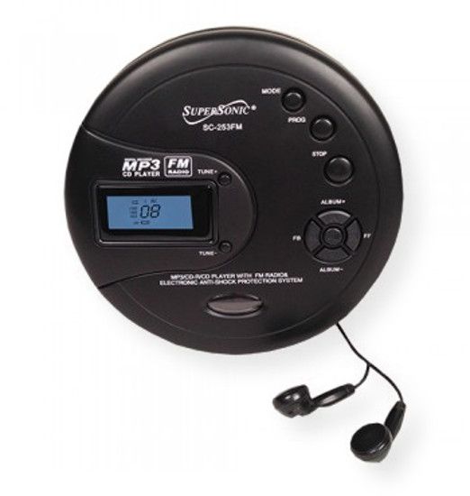 Supersonic SC253FM Personal MP3/CD Player with FM Radio; Black; MP3/CD Compatible; CD-R/CD RW Compatible; FM Radio Function; 40 Sec Anti-Shock for CD; 120 Sec Anti-Shock for MP3; Random and Repeat Playback; Program Function; High Quality Stereo Earphones Included; Uses 2 x AA Size Batteries (not included); UPC 639131002531 (SC253FM SC253-FM SC253FMMP3 SC253FM-MP3 SC253FMSUPERSONIC SC253FM-SUPERSONIC)