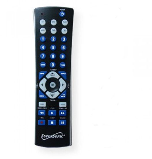 Supersonic SC26BLK Universal Remote Control - 6; Black; Universal Remote Controls 6 Components; Compatible with TVs, Cable, Satellite, DVD, Audio and VCR; Automatic Code Search; Large Keys for Ease of Use; Info, Menu, Input, Clear Preview Chapter and Next Chapter Keys; Advanced DVD Functions; UPC 639131002265 (SC26BLK SC26-BLK SC26BLKREMOTECONTROL SC26BLK-REMOTECONTROL SC26BLKSUPERSONIC SC26BLK-SUPERSONIC)