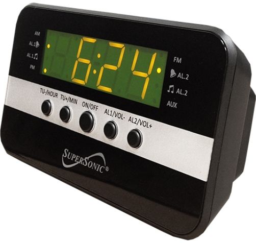 Supersonic SC-374 Digital Clock with Dual Alarm, Black, 0.9