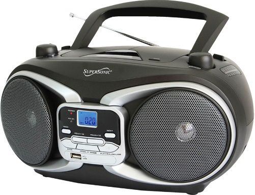 SuperSonic SC-504BLK Portable Audio System MP3/CD Player with USB/Aux Inputs & Am/FM Radio, Black, Power Output 1.5W x 2, Frequency Response 100Hz-16KHz, Dynamic High Performance Speakers, Top Loading CD Player, Plays MP3/CD, CD-R, CD-RW; Built-in USB Input, Auxiliary Input Jack for Use with External Audio Devices, UPC 639131025042 (SC504BLK SC 504BLK SC-504-BLK SC-504 BLK SC504 BLK)