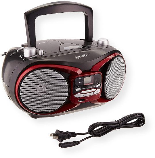 Supersonic SC504RD CD MP3 AM FM Boombox; Red; Dynamic High Performance Speakers; Top Loading CD Player; Plays MP3/CD, CD-R, CD-RW; Built in USB Input; Auxiliary Input Jack for Use with External Audio Devices; UPC 639131085046; Dimensions 10.25