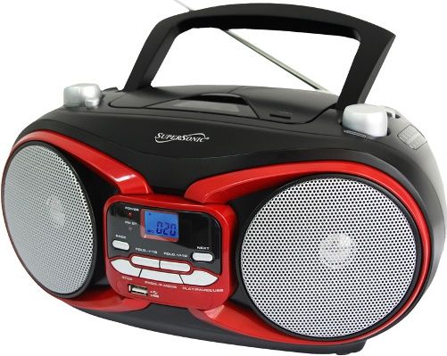 SuperSonic SC-504RED Portable Audio System MP3/CD Player with USB/Aux Inputs & Am/FM Radio, Red, Power Output 1.5W x 2, Frequency Response 100Hz-16KHz, Dynamic High Performance Speakers, Top Loading CD Player, Plays MP3/CD, CD-R, CD-RW; Built-in USB Input, Auxiliary Input Jack for Use with External Audio Devices, UPC 639131085046 (SC504RED SC 504RED SC-504-RED SC-504 RED SC504)