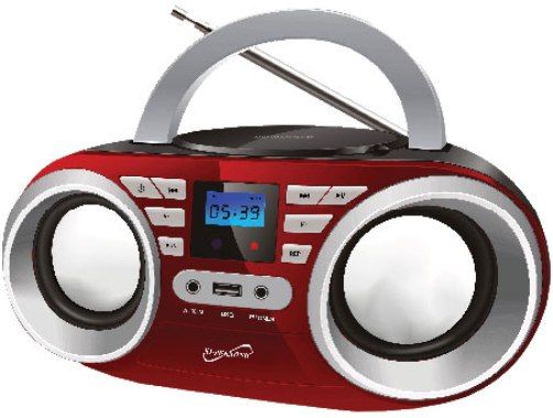 Supersonic SC-506-RD Portable Audio System, Red, 2 x 2W (RMS) Power Output, Frequency Range: FM 87.5-108Mhz, Frequency Response 100Hz-16KHz, Top Loading Programmable MP3/CDPlayer, LCD Display, Built-in USB Input Allows You toPlay Media Devices Such as an MP3 Player, Built-in FM Radio, 3.5mm Auxiliary Input for Most Audio Devices, UPC 639131805061 (SC506RD SC506-RD SC-506RD SC-506)