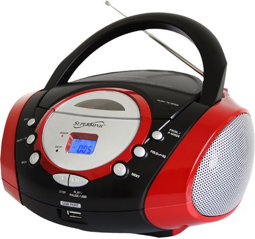 SuperSonic SC-508RED Portable Audio System MP3/CD Player, Red, Dynamic High Performance Speakers, Top Loading CD Player; Plays MP3/CD, CD-R, CD-RW; Built-in USB Input, Auxiliary Input Jack for Use with External Audio Devices, Built-in AM/FM Radio, Analog Tuning Radio, LCD Display, Telescopic Antenna, Rotary Volume/Tuning Control, UPC 639131085084 (SC508RED SC 508RED SC-508-RED SC-508 SC508)