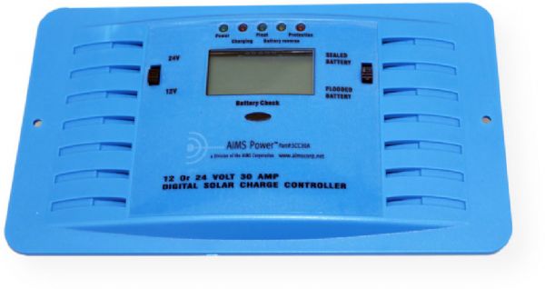 AIMS Power SCC30A Solar Charge Controller 30 Amp; Selectable for both 12 volts and 24 volts; 2 State Charging; LCD Display - Voltage and current; LED Display - Power, Charging, Float, Reverse polarity, protection; Input protection; Reverse polarity protection; Gel or lead acid batteries; Battery check button; Short circuit protection (SCC-30A SCC 30A SC-C30A)