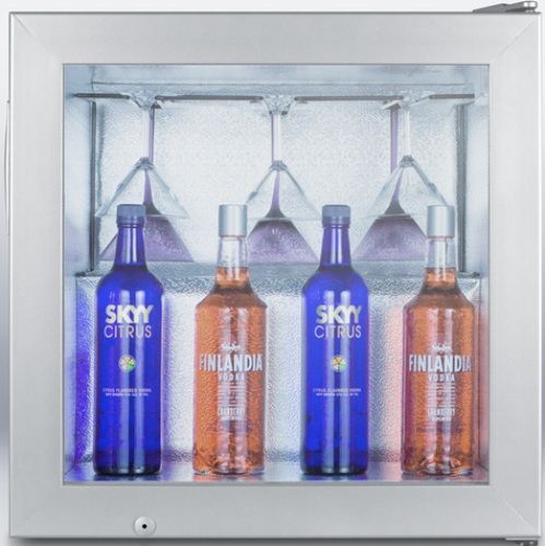 Summit SCFU386VK Compact Commercial Vodka Chiller with Self-closing Glass Door, Gray Cabinet, 2.0 cu.ft. Capacity, RHD Right Hand Door Swing, Ceiling rack, Factory installed lock, 5F Operation, Self-closing door, Switchable LEd light illuminates whole interior, Removable shelves, Two additional wire shelves included (SC-FU386VK SCF-U386VK SCFU-386VK SCFU 386VK)