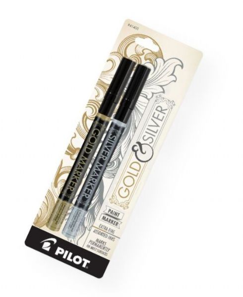 Pilot SC-GS2 Metallic Paint Marker Extra Fine Gold/Silver 2-Pack; Contains brilliant metallic-looking paint that adheres to virtually any surface; Can be used for controlled fine line or broad shading; Ideal for marking photo mat board, Tyvek envelopes, plastic, leather, metal, wood, glass, cardboard, or any dark surface; Permanent, archival safe, acid-free ink; UPC 072838414007 (PILOTSCGS2 PILOT-SCGS2 PILOT-SC-GS2 PILOT/SCGS2 SCGS2 ARTWORK DRAWING)