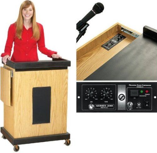 Oklahoma Sound SCLS-OK Smart Cart Multipurpose Computer Lectern with Sound, Light Oak, Built-In Full Featured 25 Watts Amplifier with Technologically Advanced (MP3 Compatible), Media Aux 1/8 Input, One 8 Full Range Speakers, 2 deep area for a laptop that locks with a slide out locking shelf for projectors and multimedia equipment (SCLSOK SCLS OK SCL-S SCL S)