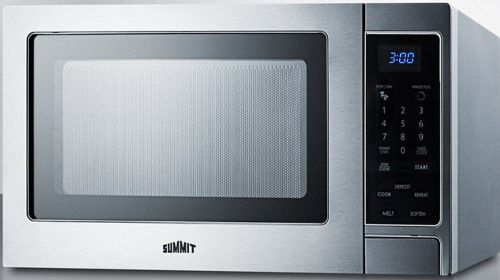 Summit SCM853 Stainless Steel Microwave Oven with Digital Touch Controls, 0.9 cu.ft. Capacity, 900 Watts, Polished stainless steel interior, Multiple power levels, Glass turntable, Included with unit for optimum rotation, End of cycle buzzer, Digital clock display of time, Specialized Cooking Buttons, 12 amps, 115 V AC/60 Hz, 11