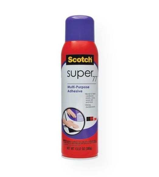 Scotch 77-24 Super 77 Spray Adhesive 13.57 oz; Provides high coverage with a fast, aggressive tack; Delivers versatility by securely bonding many lightweight materials; Gives a low soak-in for long lasting bonds; Has a long bonding range; Use on paper, foil, fabric, wreaths, models, cardboard, lightweight wood, foam, decorations, and silk flower arrangements; 13.57 oz; Shipping Weight 1.91 lbs; Shipping Dimensions 16.00 x 2.00 x 2.00 inches; UPC 212002121090 (SCOTCH7724 SCOTCH-77-24 ADHESIVE)