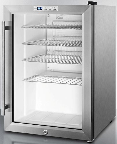 Summit SCR312LBICSS Compact Commercial Beverage Center for Built-in or Freestanding Use with Glass Door, Stainless Steel Cabinet, 2.5 cu.ft. Capacity, RHD Right Hand Door Swing, Double pane tempered glass door, Professional handle, Factory installed lock, Automatic defrost, Digital thermostat, Interior LED light, Adjustable chrome shelves (SCR-312LBICSS SCR 312LBICSS SCR312LBI SCR312L SCR312)