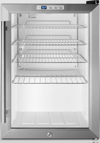 Summit SCR312LCSS Commercial Series Beverage Cooler, Stainless Steel cabinet 2.5 cu.ft. Capacity, Reversible Door Swing, 4 Shelf Quantity, Wire Shelf Type, Automatic Defrost Type, Digital Thermostat Type, Side of Unit Condensor Location, R134a Freon Type, 2 Level Legs Quantity, ETL-S Sanitation, 1.3 Amps, 115 Volts, 21.25 inch Interior Height 1, 14 inch Interior Width 1, 14.60 inch Interior Depth 1, 7.50 inch Comp Step Height (SCR 312LCSS SCR-312LCSS SCR312L CSS SCR312L-CSS)