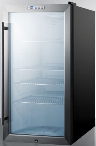 Summit SCR486L Commercial Freestanding Beverage Merchandiser with Glass Door, Black Cabinet, 3.35 cu.ft. Capacity, RHD Right Hand Door Swing, Double pane tempered glass door, Digital thermostat, Recessed LED lighting, Professional handle, Factory installed lock, Automatic defrost, Adjustable chrome shelves, 33.5