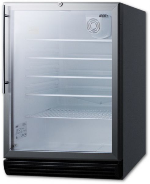 Summit SCR600BGLBIHVADA Commercially Listed ADA Compliant Built-In Undercounter Beverage Center With Black Cabinet, Glass Door, Stainless Steel Handle, And Lock; 4 Glass Shelves; ETL-S Certified; UL/cUL Listed; Black Cabinet; Automatic Defrost; Interior Light; Dial Thermostat; ADA Compliant, 32